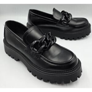 Steve Madden Women 8 Chunky Platform Loafer Chain Slip On Shiny Black Easy Clean